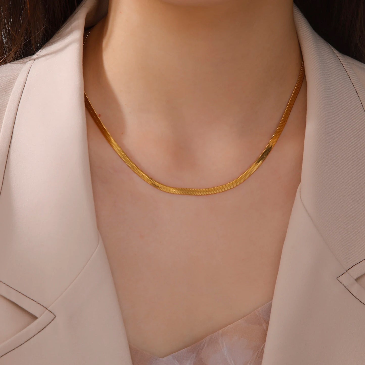 Gold Stainless Steel Flat Herringbone Chain Necklace – Unisex Snake Chain Choker Choker