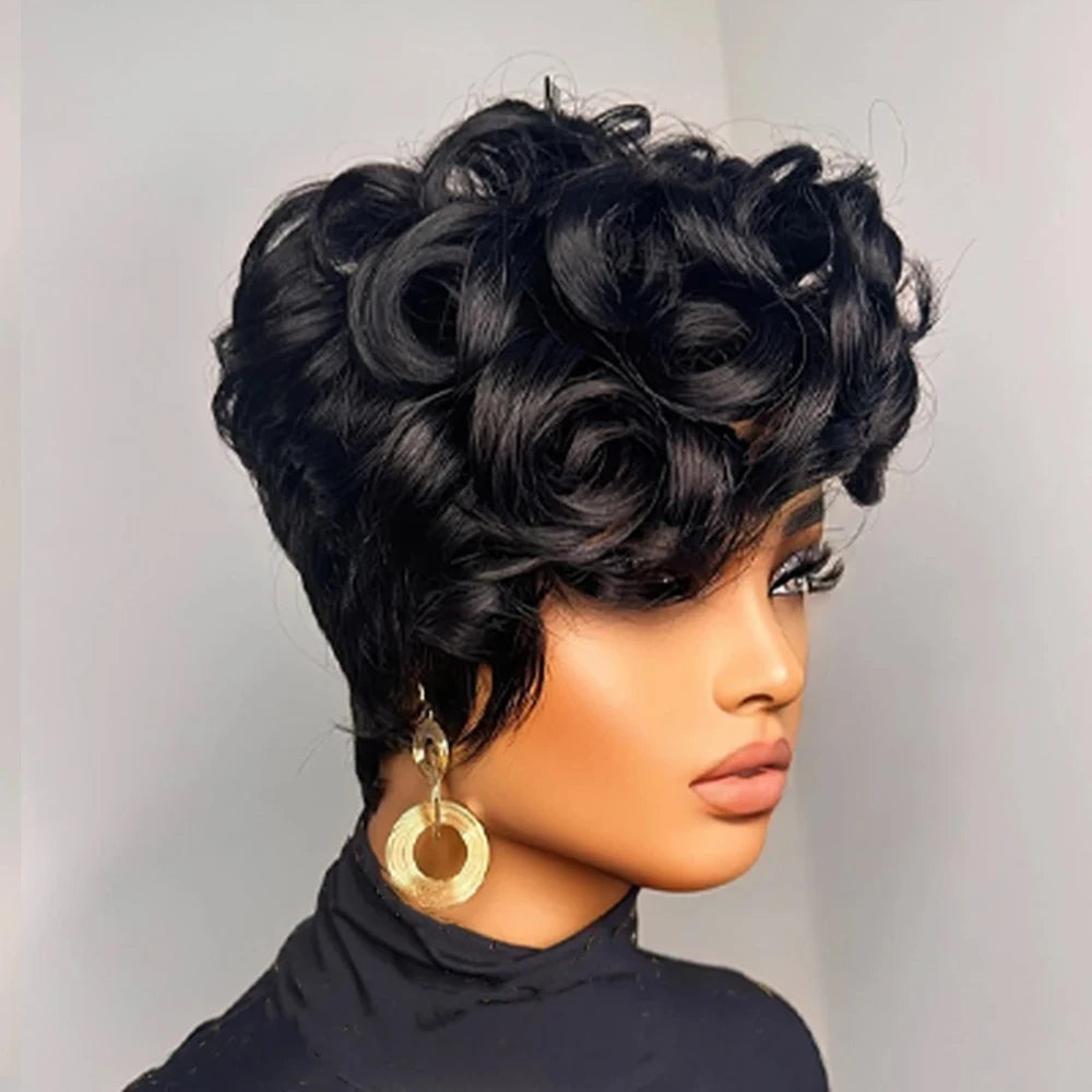 ✨ Pixie Cut Human Hair Wig – 6” Layered Short Loose Curly Wig with Bangs, Brazilian Remy hair