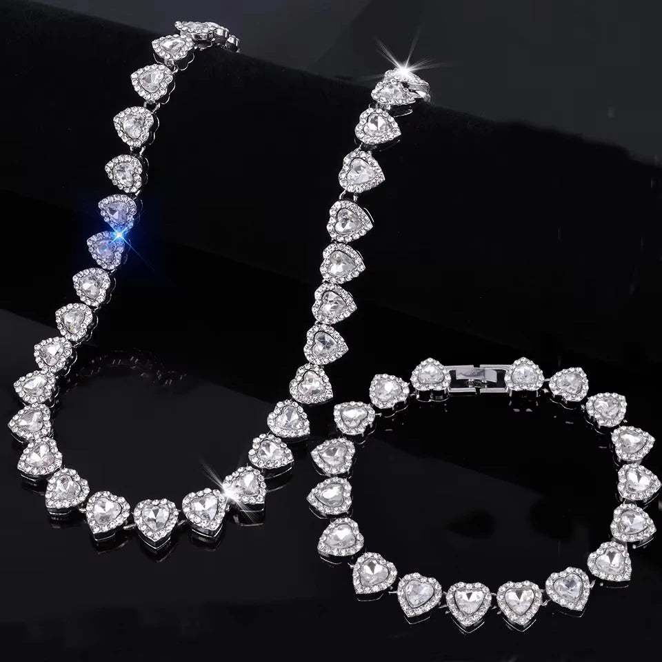 Iced-Out CZ Tennis Chain & Bracelet Set – Hip Hop Heart Pendant Jewelry