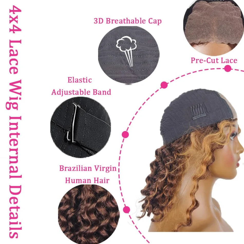 Glueless P427 Highlight Ombre Curly Bob: 5x5 HD Lace Closure Human Hair Wig