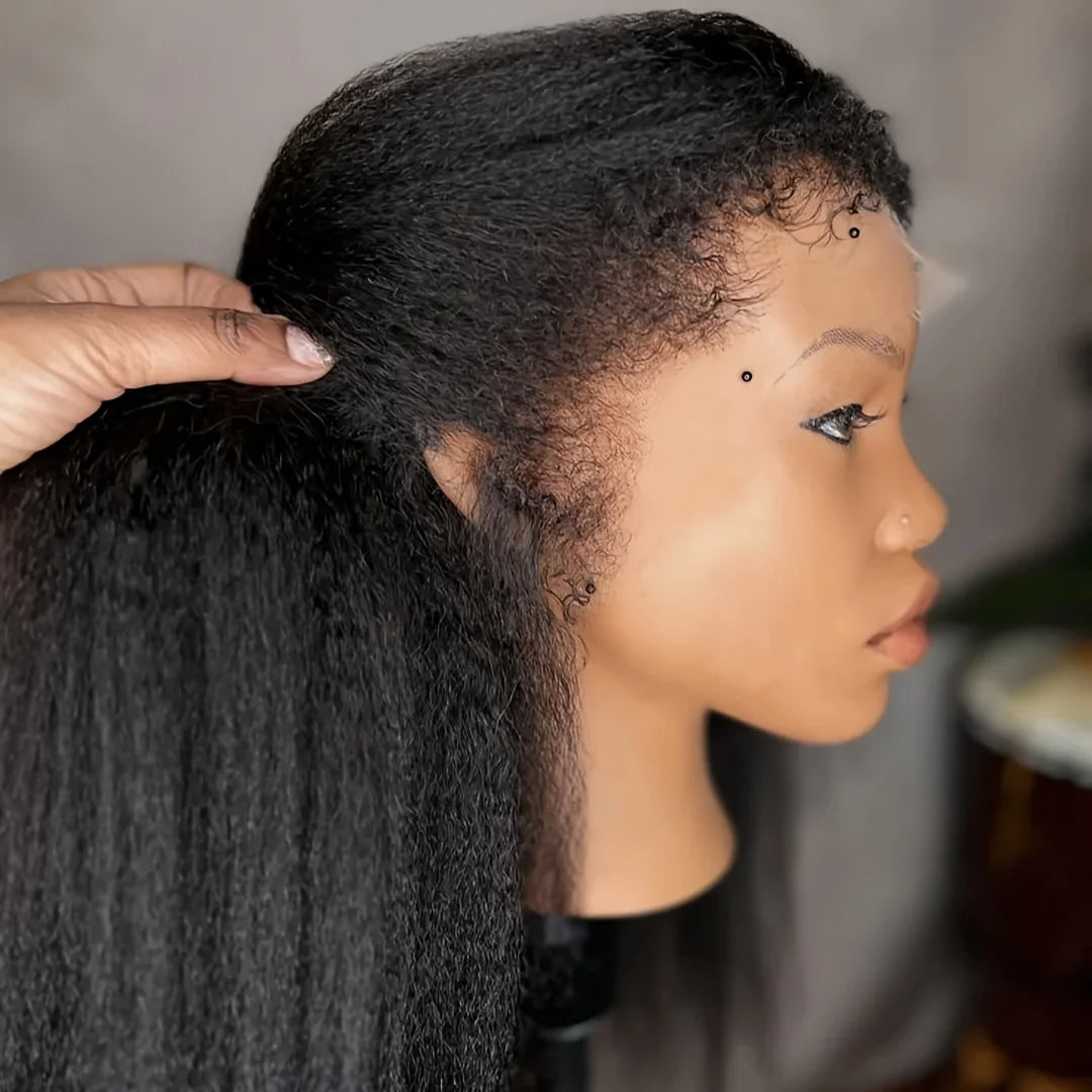 Natural Hairline Yaki Kinky Straight Wig - 26 inch Soft Black Synthetic Wig, 180% Density Pre-Plucked with Afro Baby Hair
