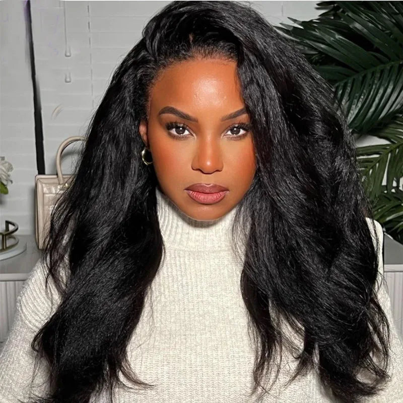 26" Yaki Kinky Straight Lace Front Wig – 180% Density Pre-Plucked Synthetic Hair
