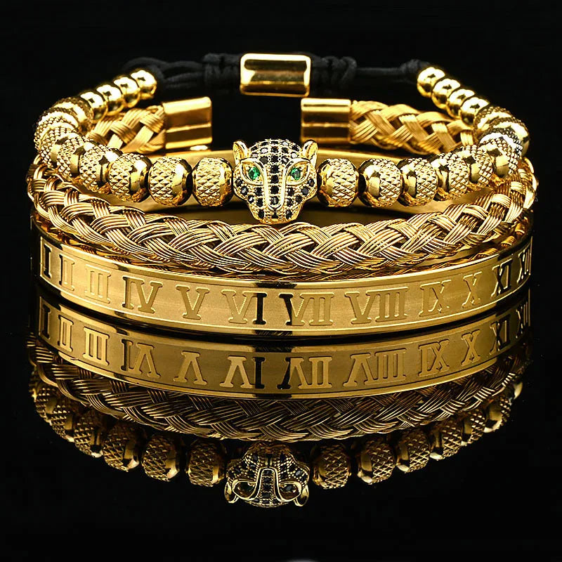Leopard Head Black Stone Bead & Roman Bangle Jewelry Set