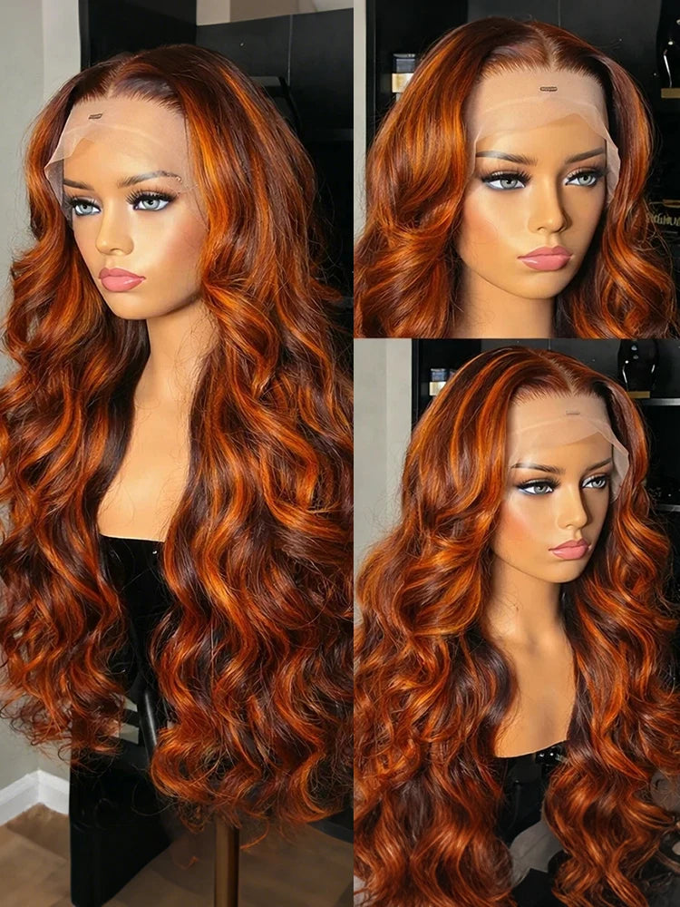 #4/350 Highlight Ombre Body Wave Lace Frontal Wig - 13x6 HD Lace Ginger Orange Brown Colored Human Hair Wig