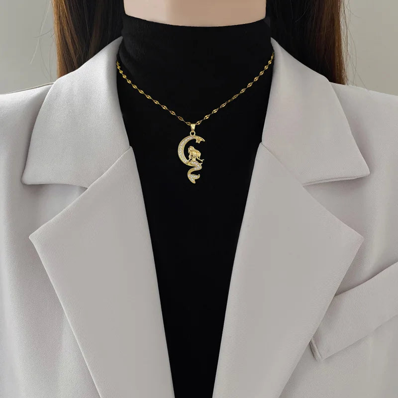 Mermaid Moon Celestial Necklace in Polished Stainless Steel – Tarnish-Free