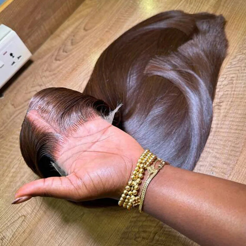 Chocolate Brown #4 HD Lace Front Wig: 34" Bone Straight Brazilian Human Hair - 13x4 Frontal