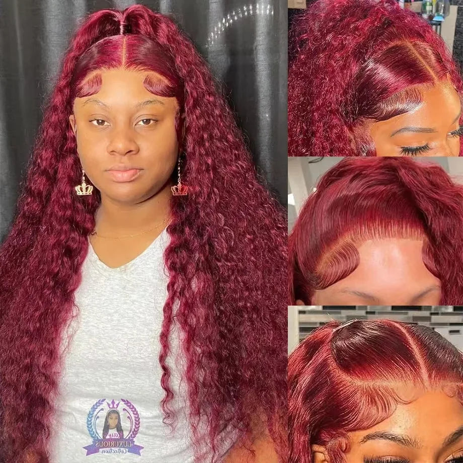 99J Burgundy Deep Wave Curly Wig – 13x6 HD Lace Frontal, Brazilian Human Hair, Pre-Plucked & Natural Hairline (30–36”)