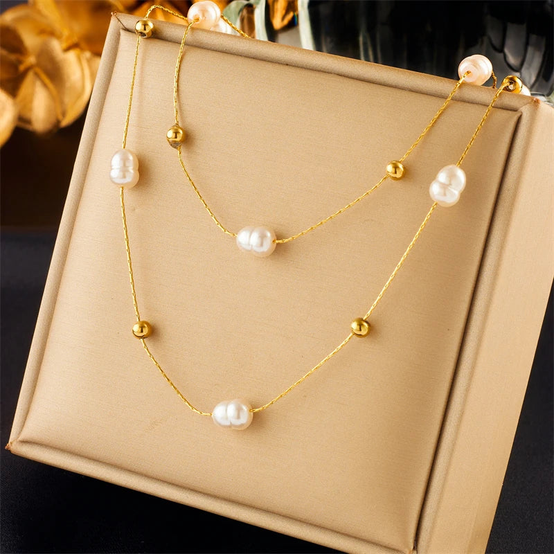 Double-Layer Pearl Choker –316L Stainless Steel Necklace