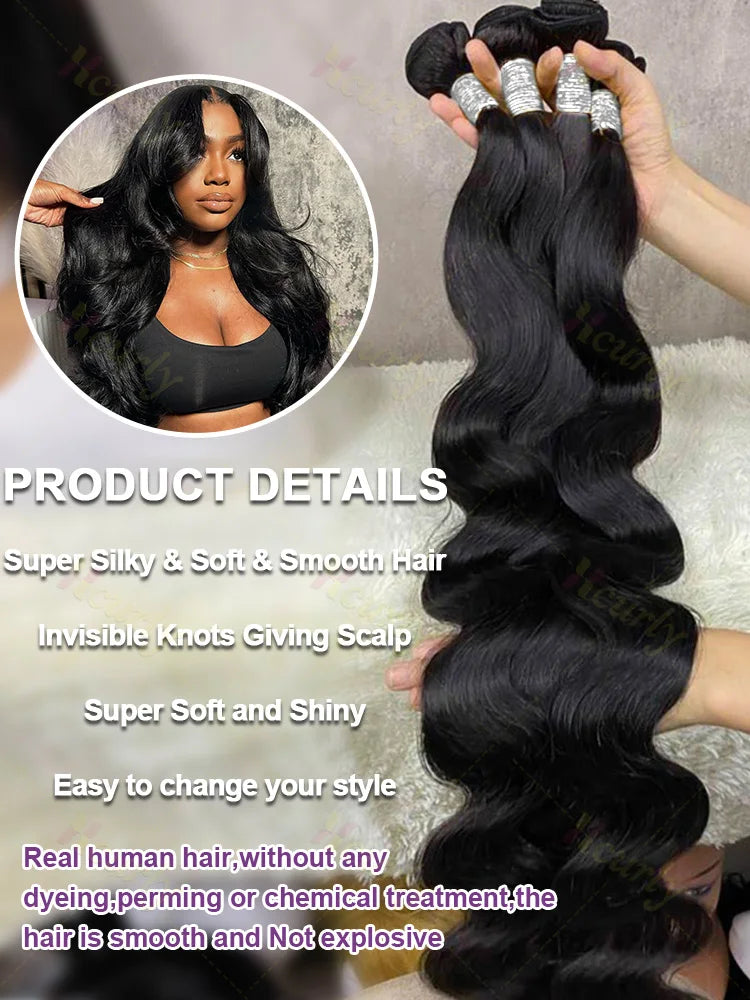 Luxury Indian Body Wave Bundles: 30-34 Inch Raw Unprocessed Double Drawn Human Hair Extensions