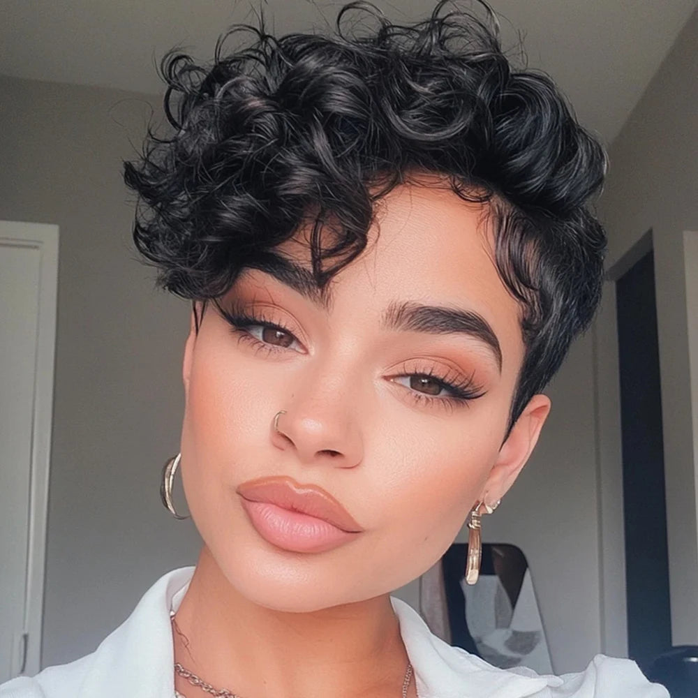 ✨ Pixie Cut Human Hair Wig – 6” Layered Short Loose Curly Wig with Bangs, Brazilian Remy hair