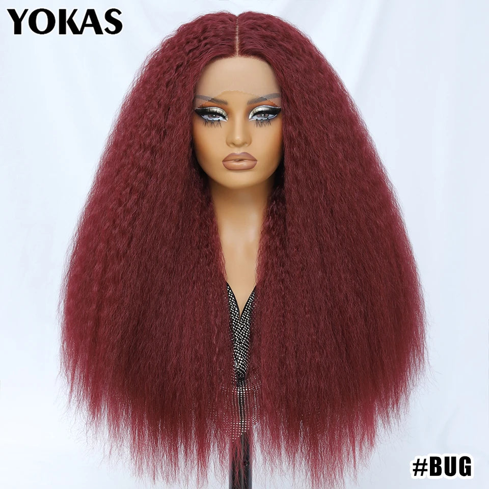 28-Inch Synthetic Kinky Straight T-Part Lace Wig | Heat Resistant Fiber