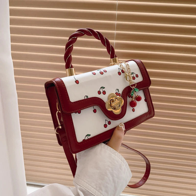 Luxury Cherry Print Crossbody Bag - High-Quality Square Shoulder Bag with Top Handle