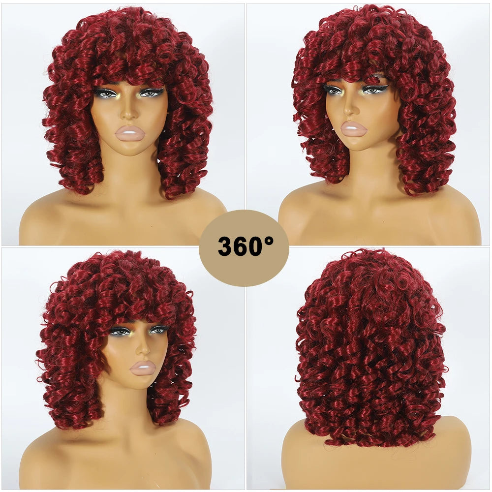 Beginner Friendly Glueless Red Curly Wig - Natural Look Short Afro Style with Bangs