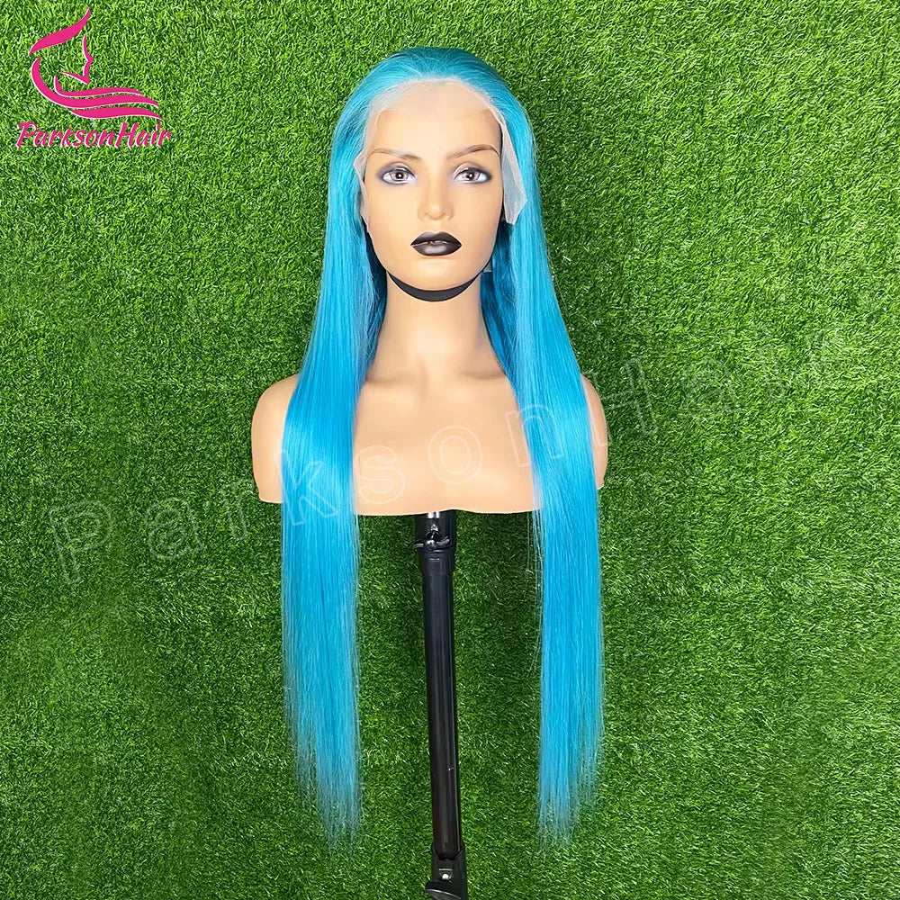 Electric Blue Straight 13x6 Transparent Lace Frontal Wig – 250% Density Brazilian Human Hair