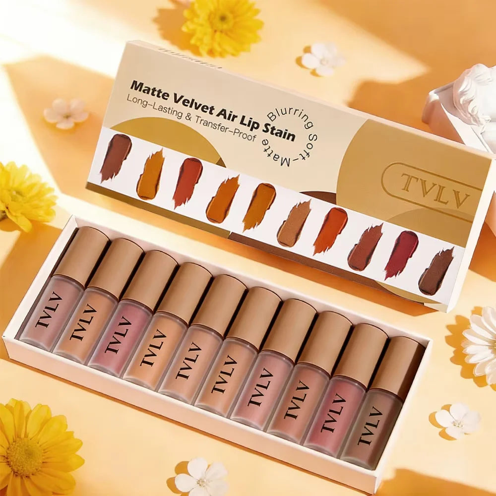 10-Piece Professional Velvet Lipstick Set – 24-Hour Waterproof & Smudge-Proof Lip Gloss – Intense Pigment with Moisturizing Core