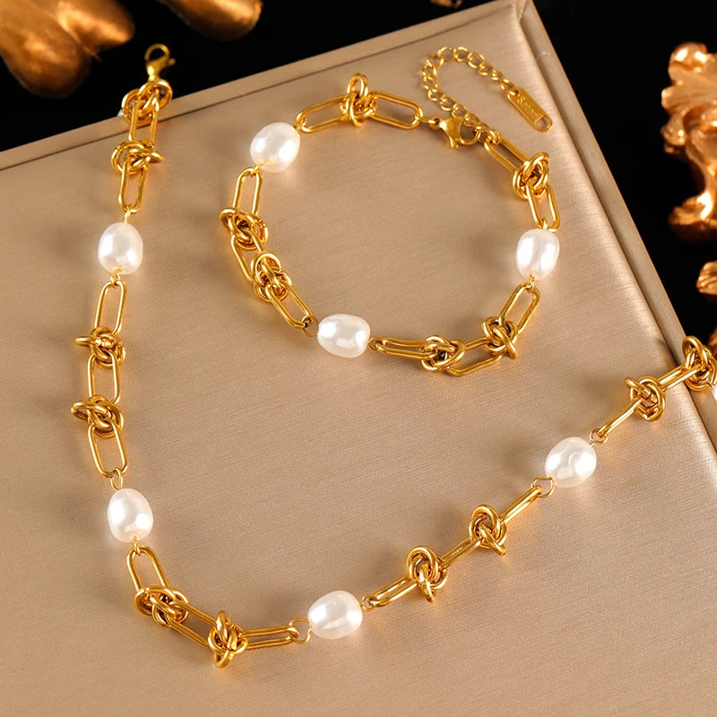 Elegant Stainless Steel Necklace & Bracelet Set with Colored Zircon