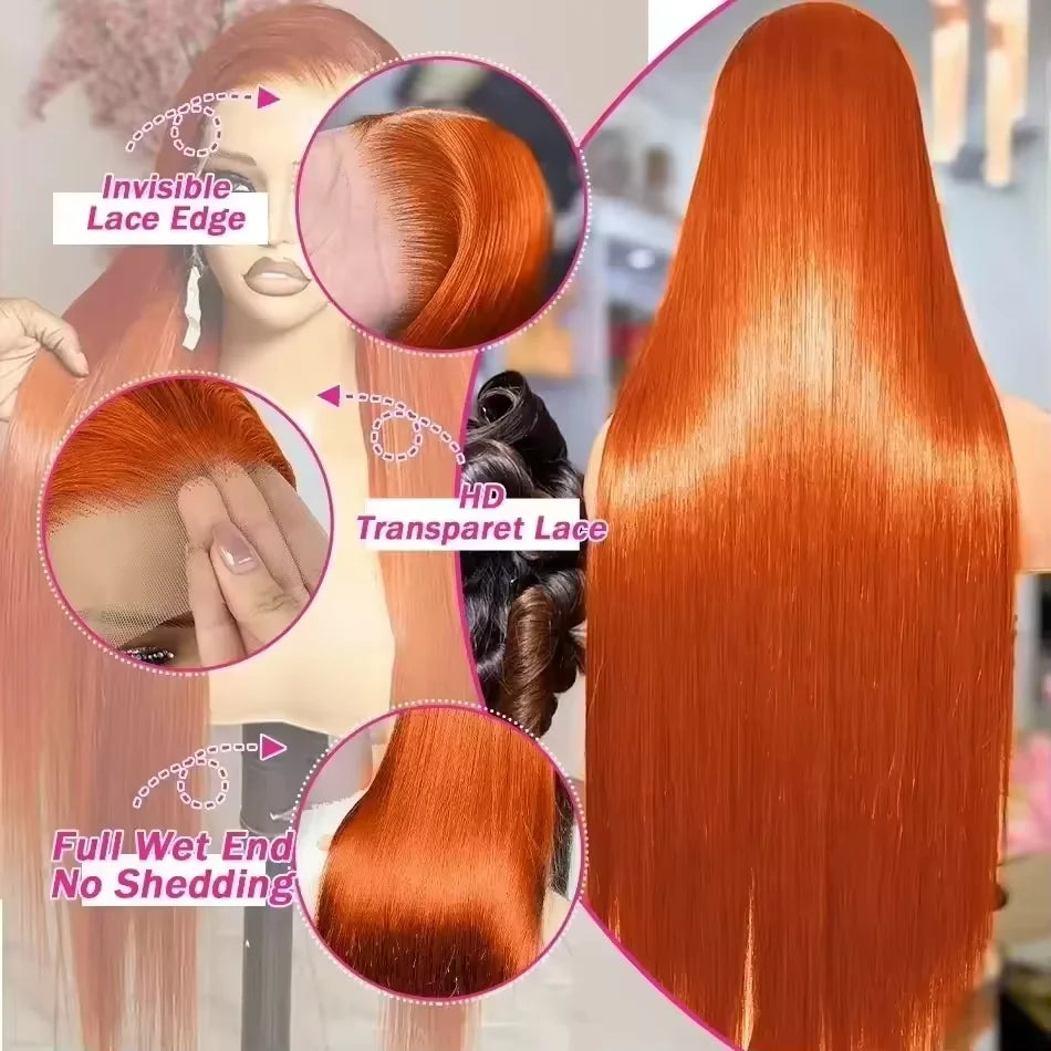 🔥 350 Ginger Orange Straight HD Lace Front Wig – 13x4 Pre-Plucked Brazilian Human Hair Wig, 250% Density
