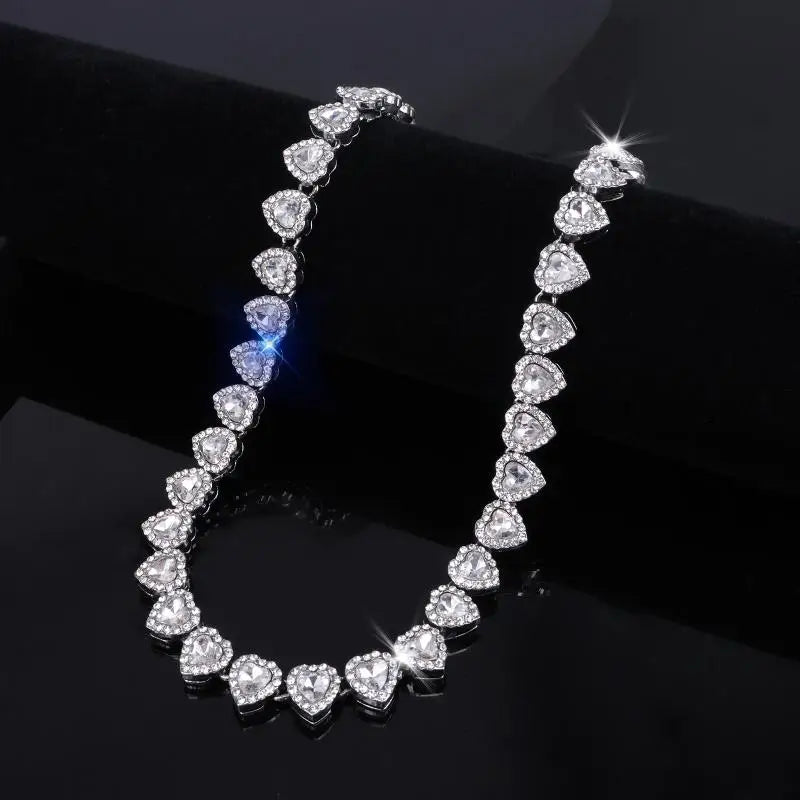 45cm CZ Heart Tennis Chain Set – Shiny Rhinestone Necklace & Bracelet Hip Hop Party Jewelry