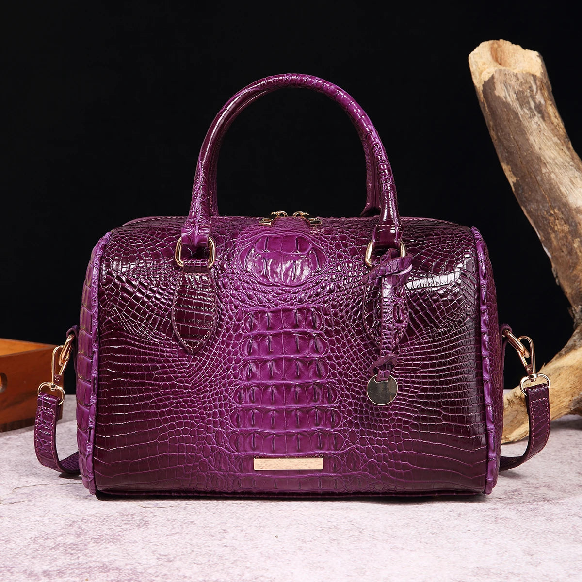 Ombre Crocodile Embossed Leather Boston Bag - Classic Satchel Handbag & Crossbody Purse for Women - Croc-Effect Top Handle Bag