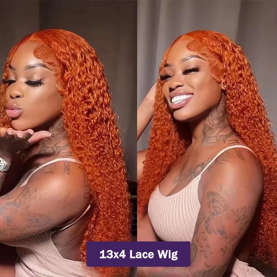Ultra-Thick 260% Density Water Wave Ginger Orange HD Lace Wig - 34” Deep Curly Human Hair Frontal Wig - Undetectable 13x4 or 13x6 Lace