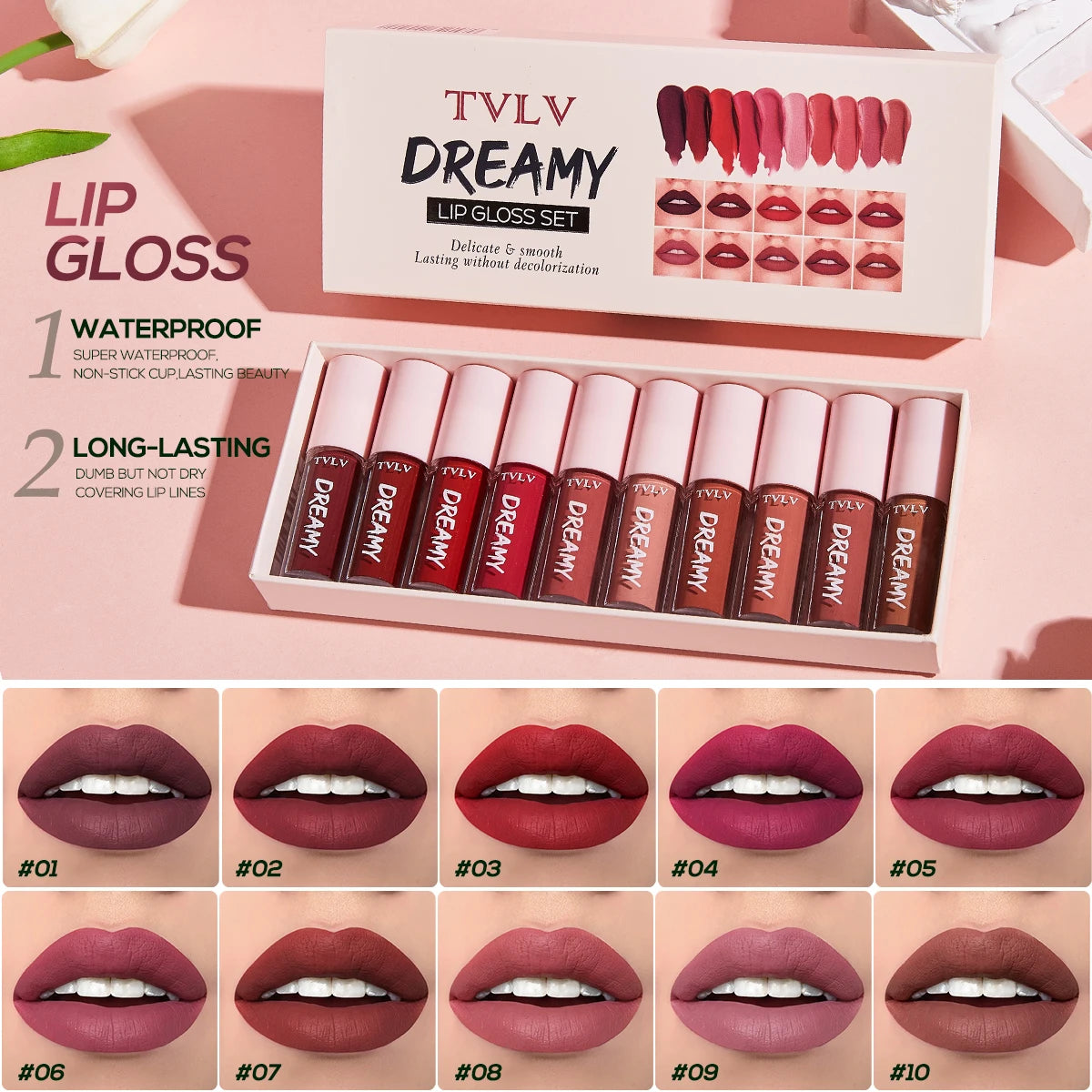 10-Piece Professional Velvet Lipstick Set – 24-Hour Waterproof & Smudge-Proof Lip Gloss – Intense Pigment with Moisturizing Core