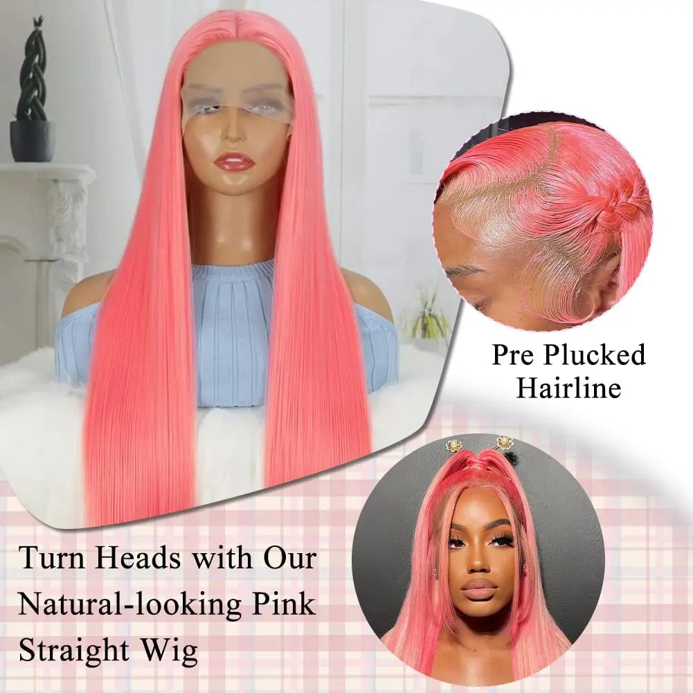 💖 30 Inch Pink Straight HD Lace Front Wig – 13x6 Human Hair Wig, Pre-Plucked Brazilian Virgin Hair, 200% Density