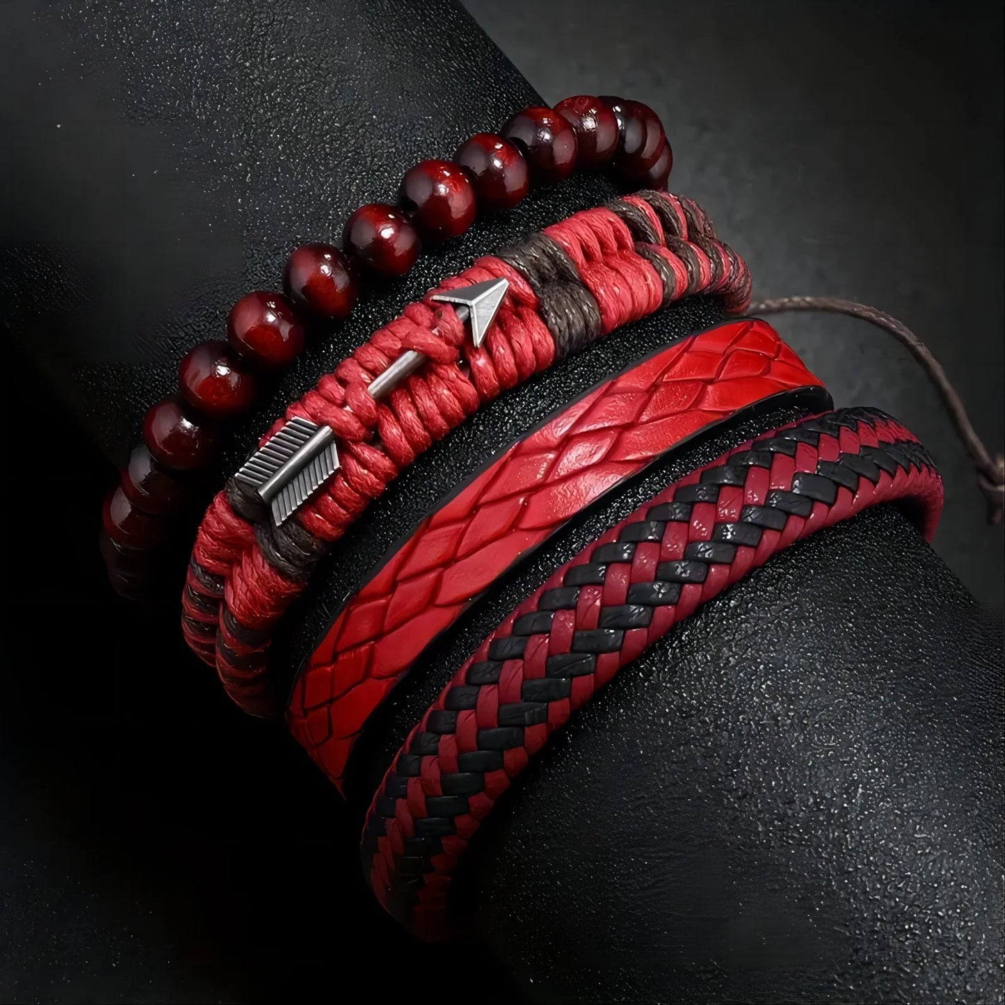 Vintage Leather & Wooden Bead Bracelet for Men – Hand-Woven Retro Cupid's Arrow Charm