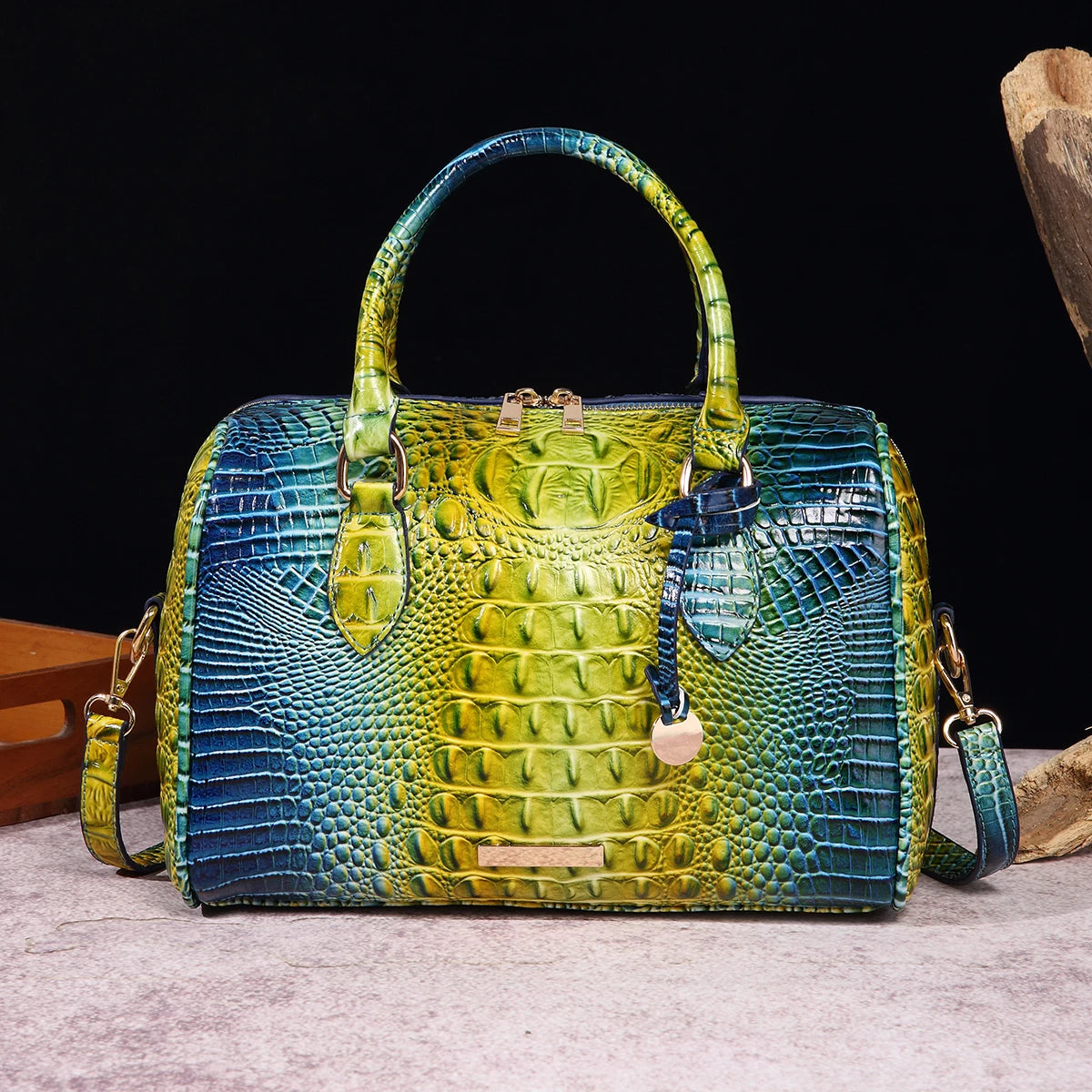 Ombre Crocodile Embossed Leather Boston Bag - Classic Satchel Handbag & Crossbody Purse for Women - Croc-Effect Top Handle Bag
