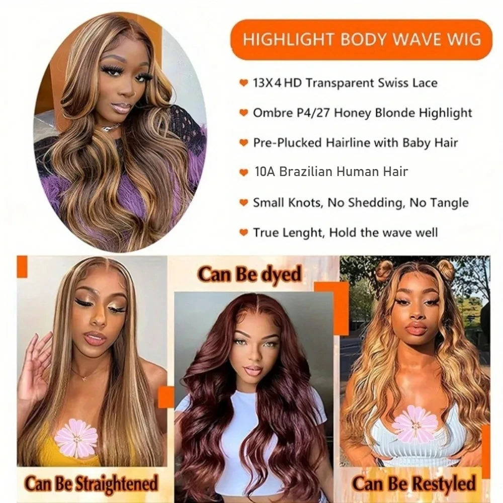 Glueless 4/27 Highlight Body Wave Human Hair Wig | 30-Inch Honey Blonde HD Frontal