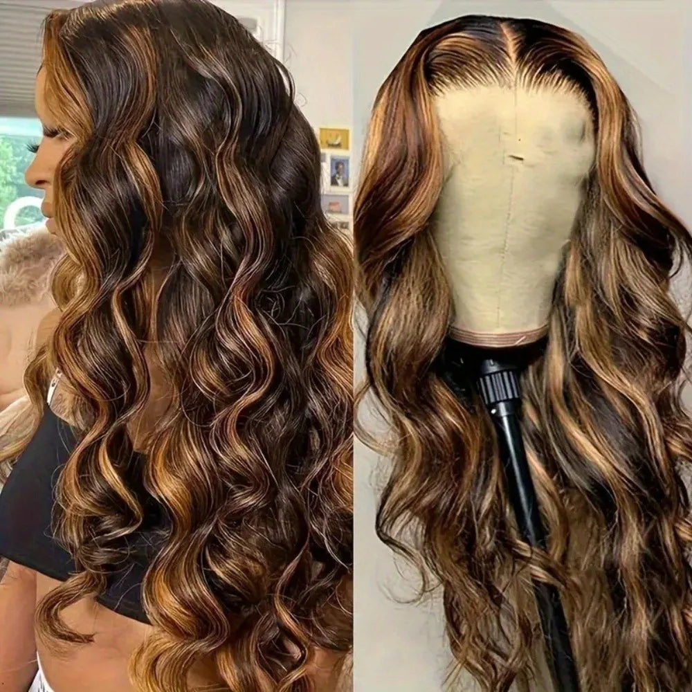 Glueless 4/27 Highlight Body Wave Human Hair Wig | 30-Inch Honey Blonde HD Frontal