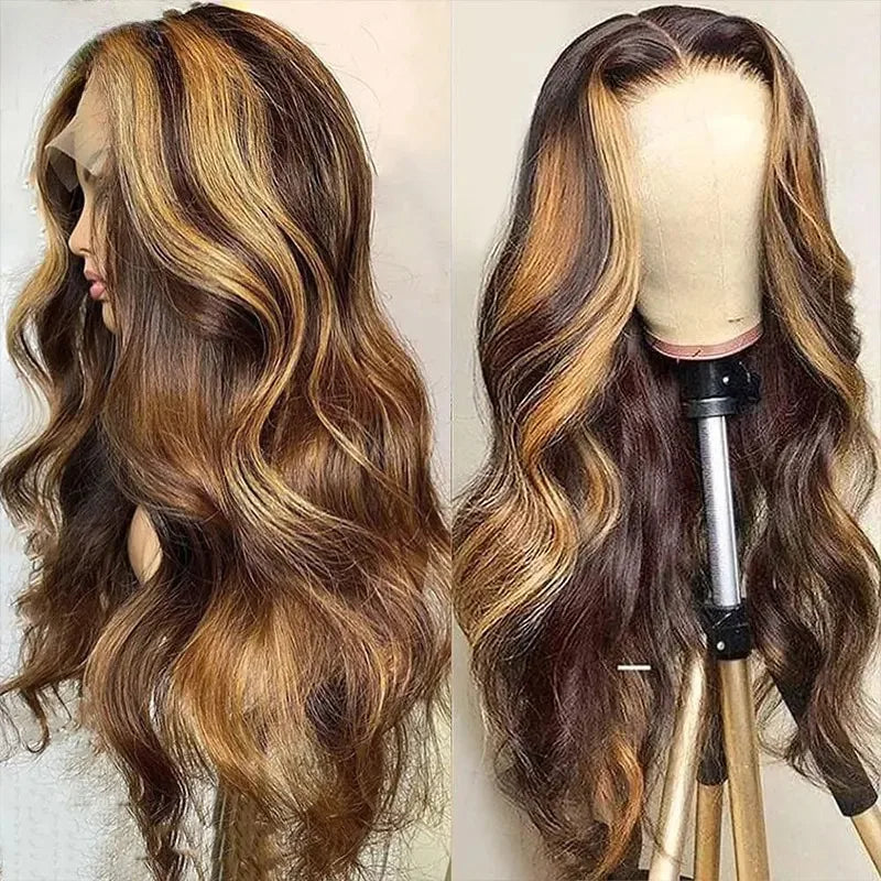 HD Transparent 13x4 Lace Frontal Wig – Ombre Blonde Body Wave (Blue Highlight)