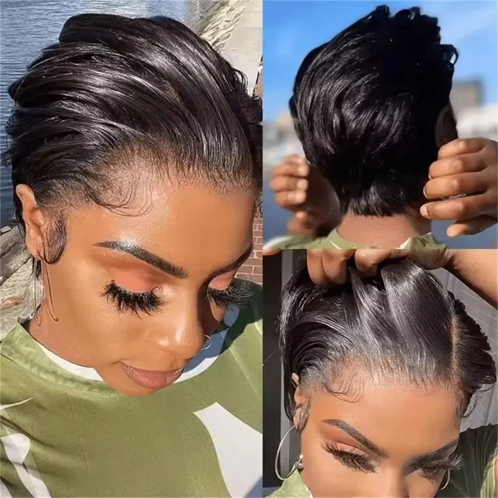 13x4 Transparent Lace Front Human Hair Wig – Pre-Plucked Straight Pixie Cut – Natural Black Glueless Wig