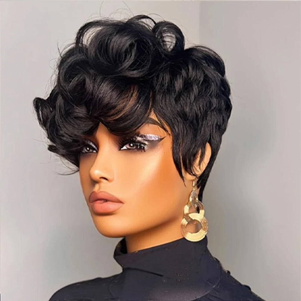 ✨ Pixie Cut Human Hair Wig – 6” Layered Short Loose Curly Wig with Bangs, Brazilian Remy hair