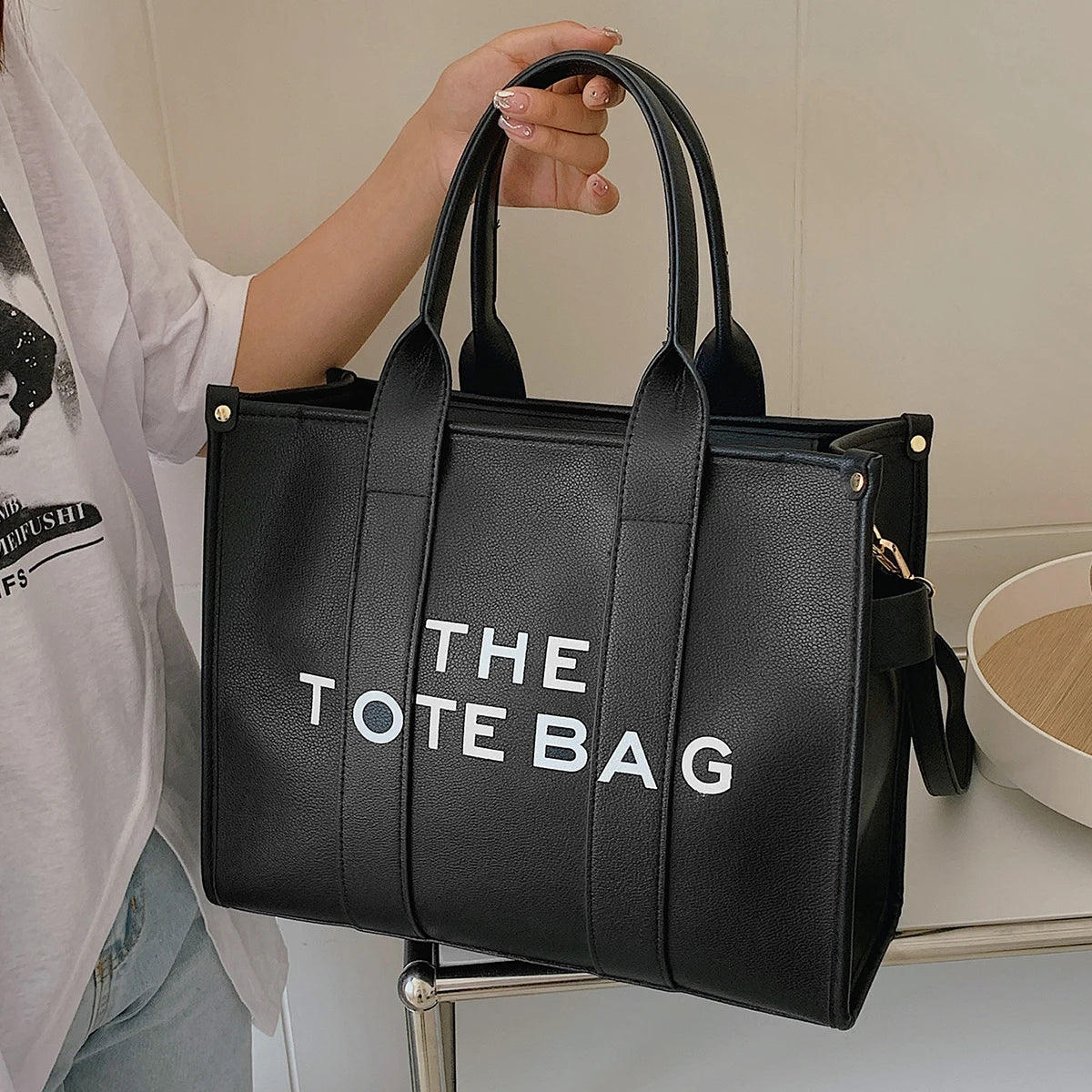 Large Letter Print Tote Bag | Luxury Vegan Leather Crossbody Handbag