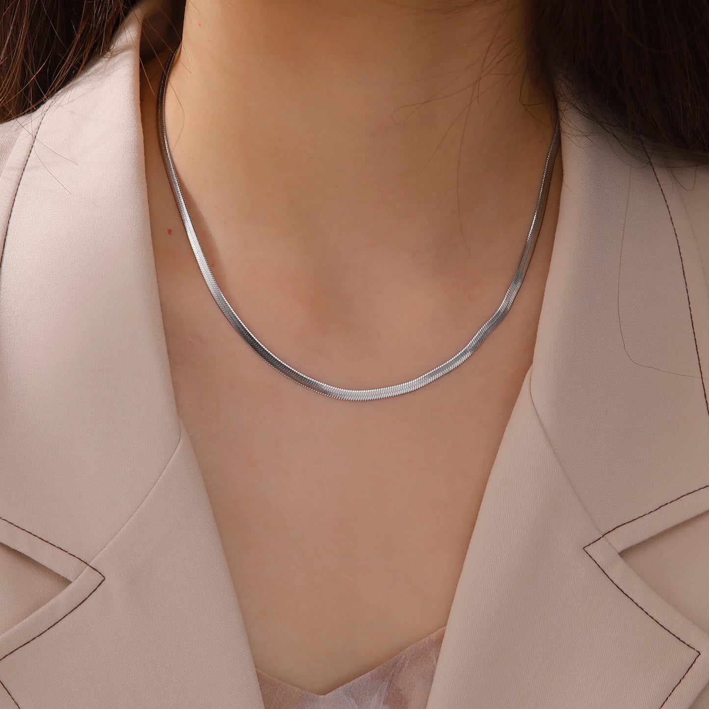 Gold Stainless Steel Flat Herringbone Chain Necklace – Unisex Snake Chain Choker Choker