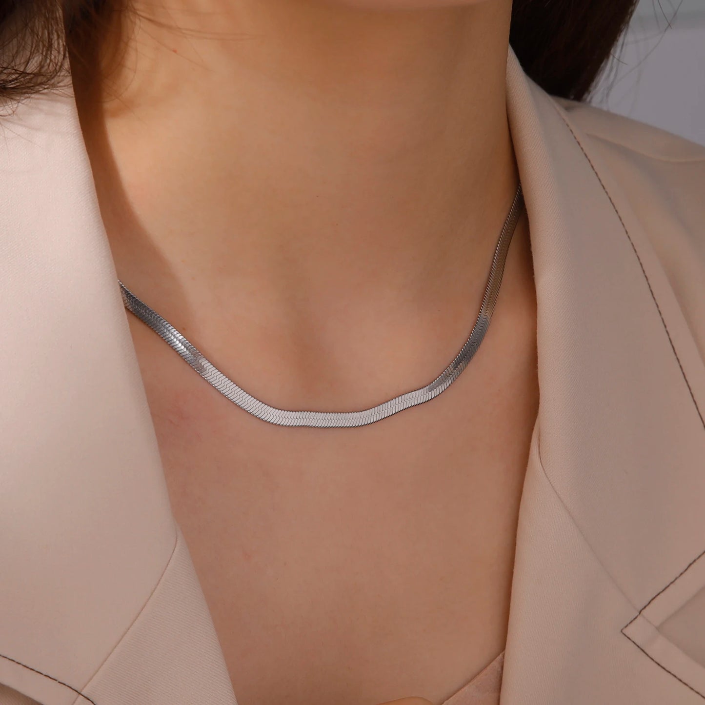 Gold Stainless Steel Flat Herringbone Chain Necklace – Unisex Snake Chain Choker Choker