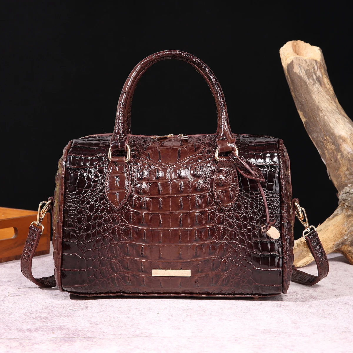 Ombre Crocodile Embossed Leather Boston Bag - Classic Satchel Handbag & Crossbody Purse for Women - Croc-Effect Top Handle Bag