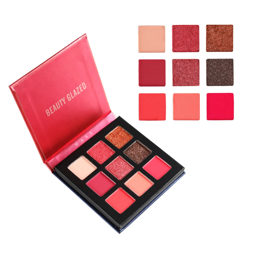 9-Color Red Tone Eyeshadow Palette - High-Pigmented Matte & Glitter Shimmer Powder
