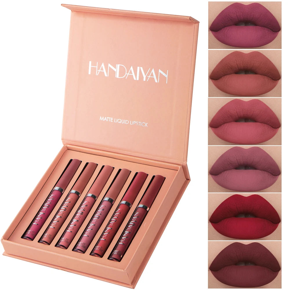 HANDAIYAN 6-Piece Matte Liquid Lipstick Set – Long-Lasting & Waterproof Lip Gloss Gift Box