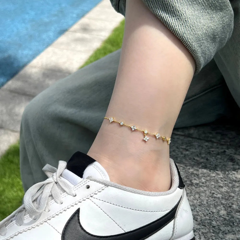 Luxury 925 Sterling Silver Clover Anklet – Dainty CZ Crystal Lucky Flower Charm Foot Jewelry for Women
