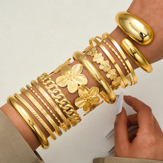 Luxury 13-Piece Gold Vintage Flower Bangle Set – Minimalist Hollow Chain Water Drop Bracelet Jewelry