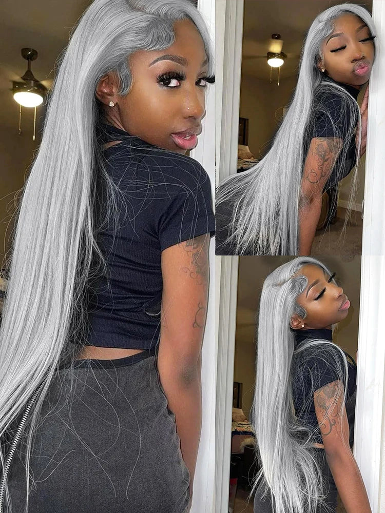 13x6 HD Lace Frontal Wig - 38-Inch Straight Silver Grey (220% Density) – 100% Vietnamese Human Hair