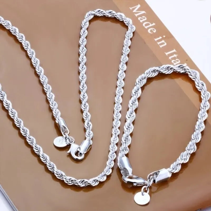 High-Quality Silver Twisted Rope Jewelry Set | 4mm Chain Necklace & Matching Bracelet