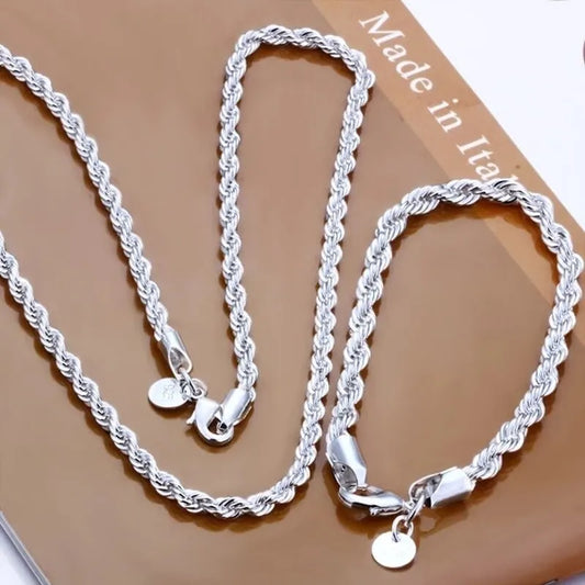 High-Quality Silver Twisted Rope Jewelry Set | 4mm Chain Necklace & Matching Bracelet