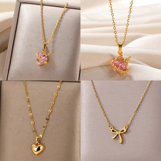 Gold Stainless Steel Cupid's Arrow Pendant – Pink Heart Zircon Necklace