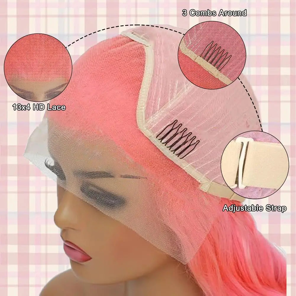 💖 30 Inch Pink Straight HD Lace Front Wig – 13x6 Human Hair Wig, Pre-Plucked Brazilian Virgin Hair, 200% Density