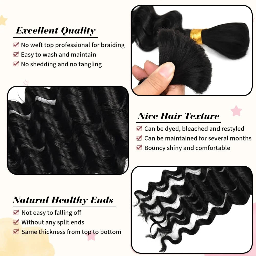 10A Brazilian Deep Wave Bulk Human Hair for Boho Braids - 2 Bundles (100g) - 14 Inch Virgin Hair for Braiding