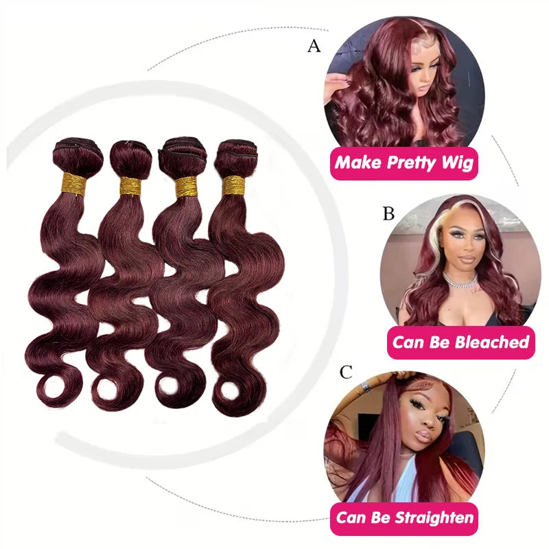 Burgundy Body Wave Bundles: 99j Wine Red 100% Unprocessed Human Hair (16A Grade Raw Hair)
