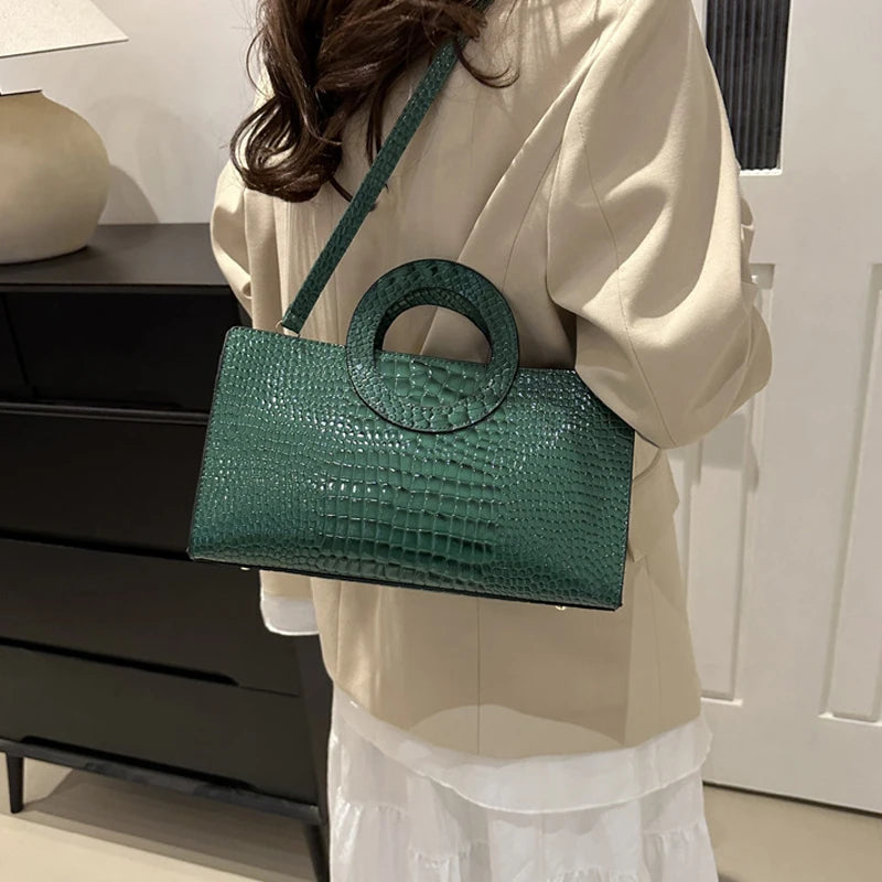 Designer Crocodile Print Square Bag - Luxury Green Leather Messenger & Crossbody Bag