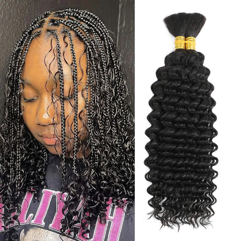 10A Brazilian Deep Wave Bulk Human Hair for Boho Braids - 2 Bundles (100g) - 14 Inch Virgin Hair for Braiding